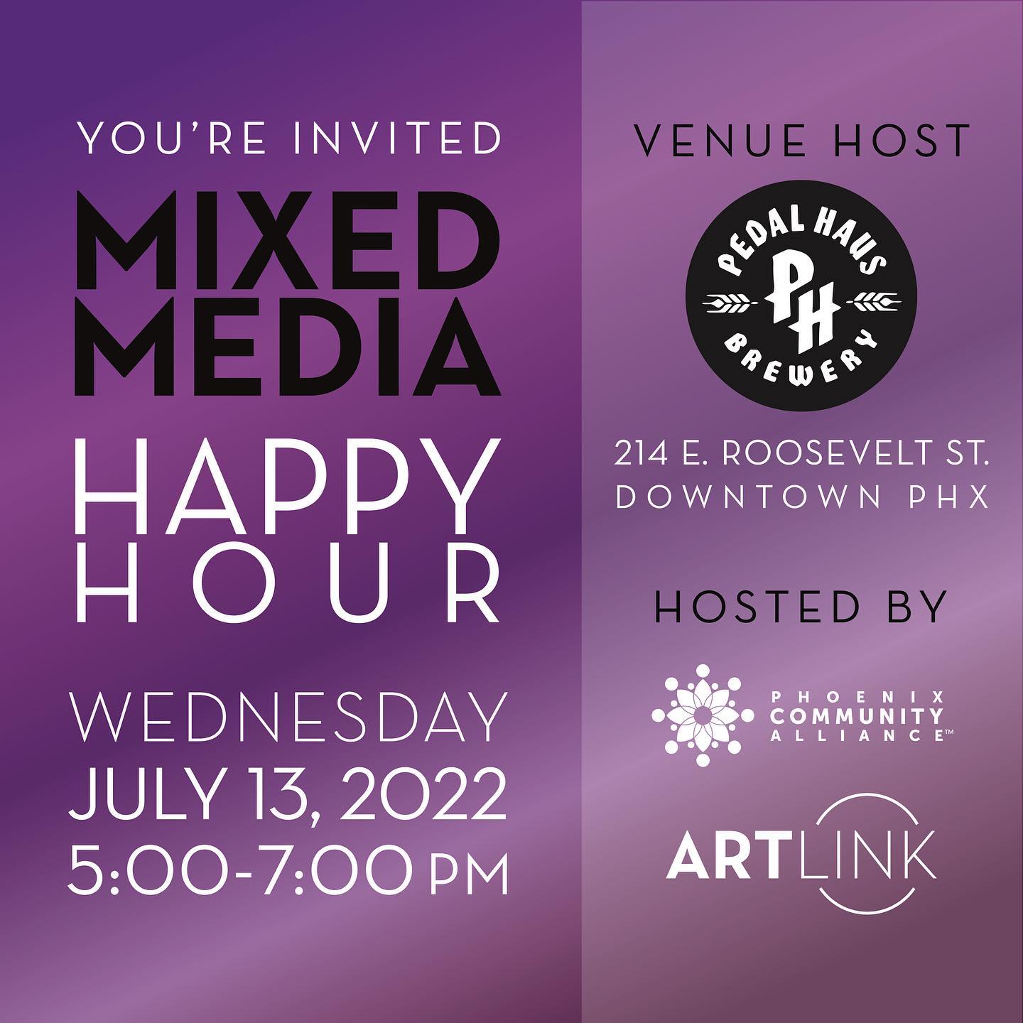 Get ready to Mix & Mingle!

You're invited to join Phoenix Community Alliance and Artlink as we Mix & Mingle with the creative community at Pedal Haus in the Roosevelt Row Arts District and Evans Churchill Neighborhood.

Enjoy some sips and bites and learn about the host organizations, their connection with the downtown community, and look ahead to the coming months of arts and culture activity – including Super Bowl LVII, which just announced a multi-day festival to take place in February 2023 in downtown Phoenix's Margaret T. Hance Park!

All community members – including artists, arts advocates and creative businesses – are invited, and if you're not already a PCA member or Artlink Articipant, you'll find it's a fun way to learn about how to get involved in these nonprofit organizations that have helped shape our city.

You won't want to miss this one!

We thank Pedal Haus for their "Hauspitality." 

#artlinkphx #phoenixcommunityalliance #dtphx #dtphxinc #pedalhausbrewery