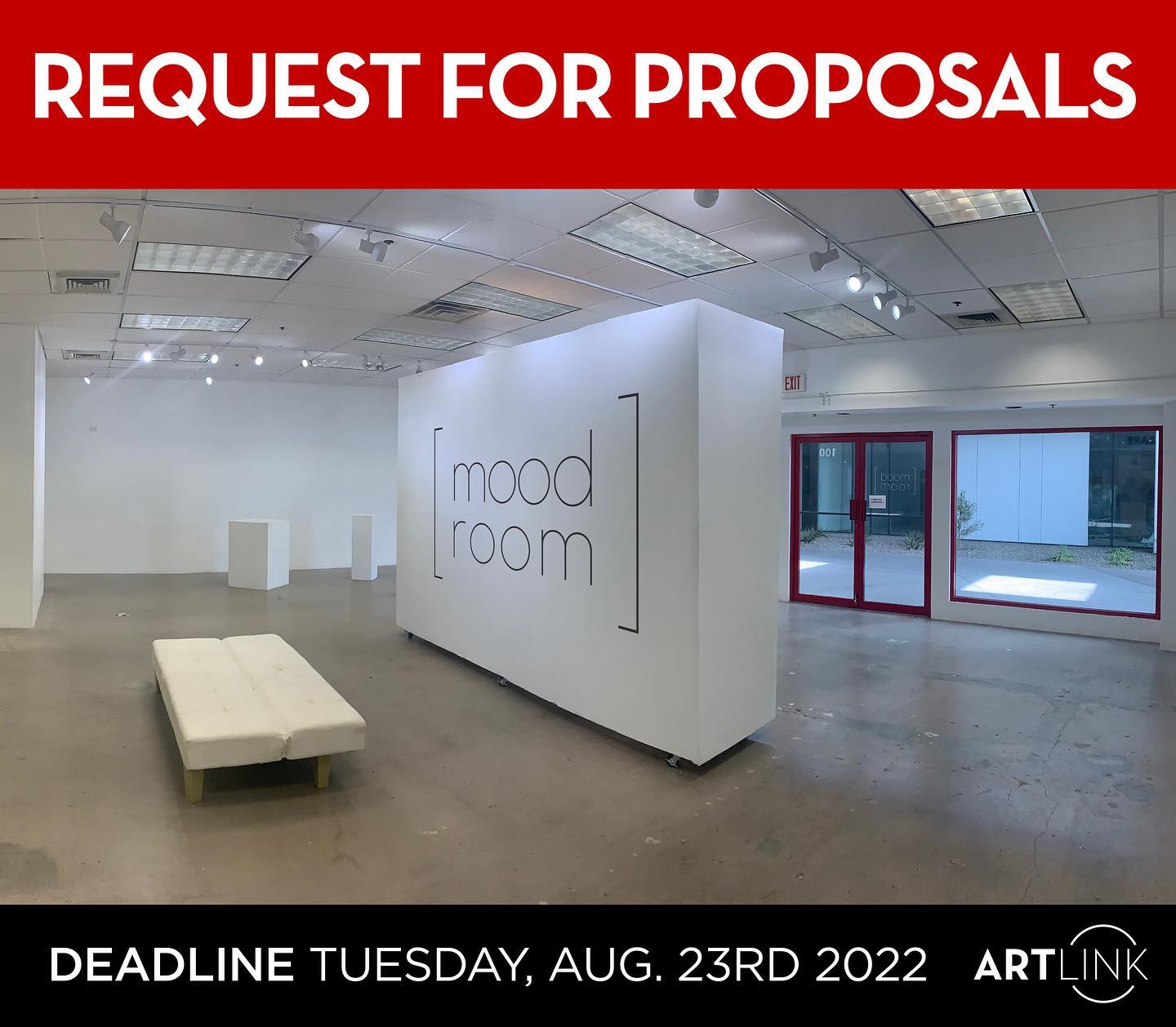 |OPEN CALL FOR SOLO OR GROUP SHOW PROPOSALS|
The @moodroomphx is now accepting proposals for programming concepts, including but not limited to solo and group show exhibitions, starting October 2022 and throughout 2023. These monthly exhibitions and experiences will be hosted at mood room, Artlink's gallery space located at Park Central, 3121 N. 3rd Ave. Phoenix, AZ 85013.

The call is open to creatives of all mediums including, but not limited to, oil, watercolor, acrylic, graphite, charcoal, pastels, photography, ceramics, printmaking, textile, mixed-media, fashion, performance, video, and sculpture/three-dimensional pieces.
 
Learn more and submit here: 
http://moodroomphx.com/exhibits/

The submission deadline is open until Tuesday August 23, 2022.