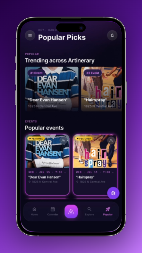 Artinerary App showing the popular page