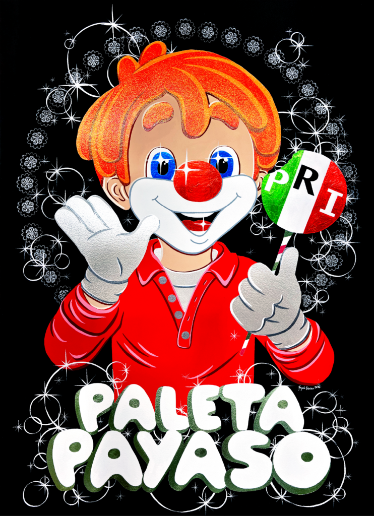 Painting of Paleta Payaso holding a PRI flag against a black background.